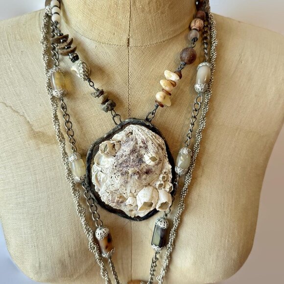 Vintage Layered Necklace Lot  Unique One of a Kind, Shell Boho Statement Chains - Picture 3 of 4